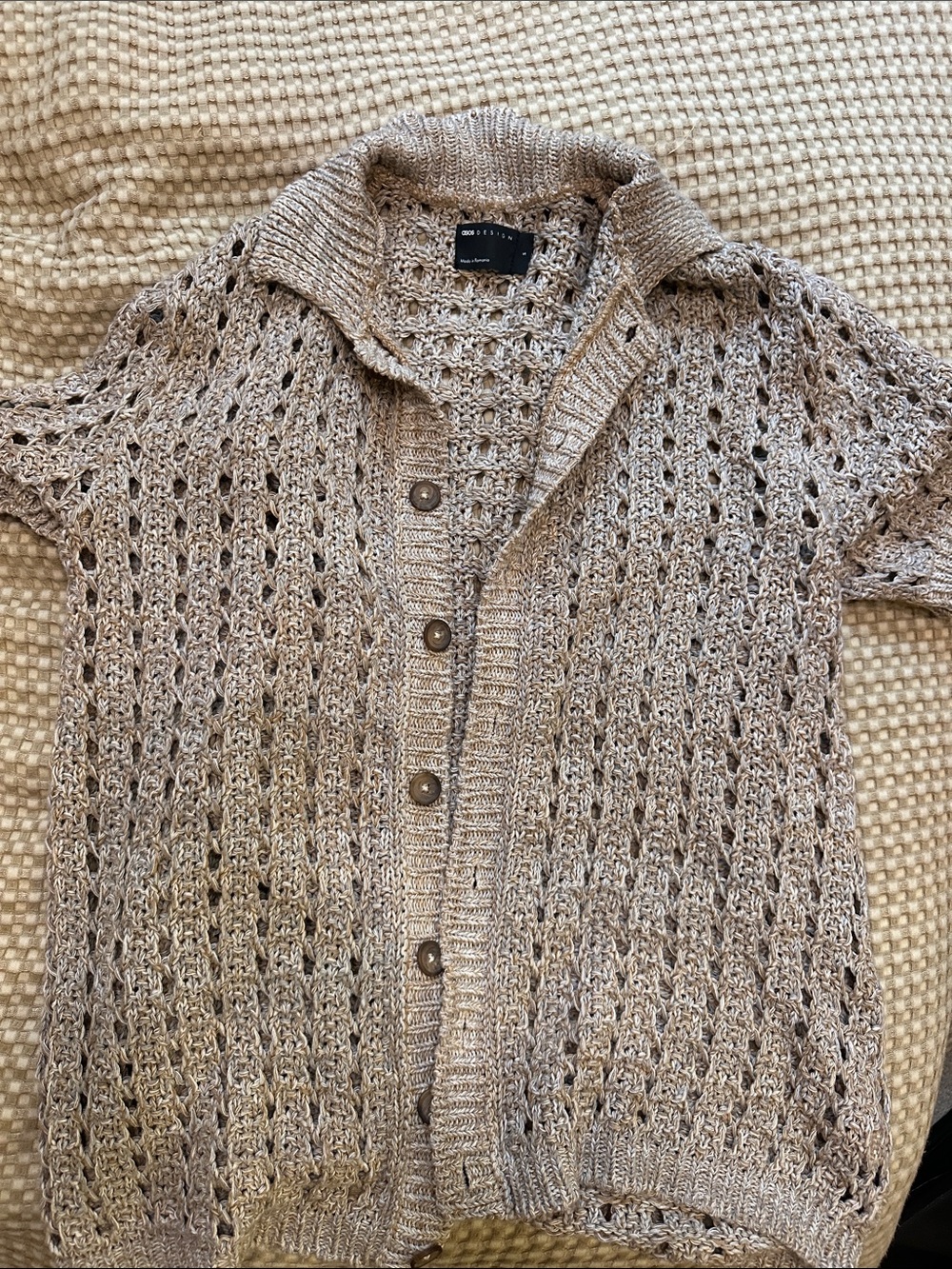 NWOT Open-Knit Button Short Sleeve Cardigan in Beige